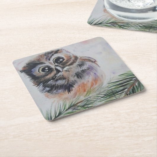 リトルフクロウの水の色絵画の紙コースター スクエアペーパーコースター (アングル)