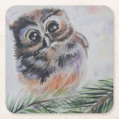 リトルフクロウの水の色絵画の紙コースター スクエアペーパーコースター (正面)