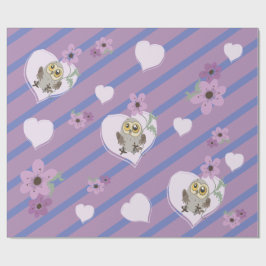 リトルフクロウハートと花 ラッピングペーパー