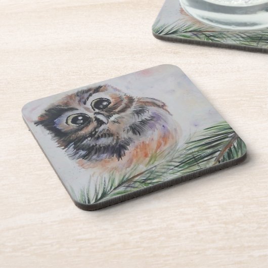 リトルフクロウ絵画の水色飲料用コースター コースター (左側)