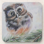 リトルフクロウ絵画の水色飲料用コースター コースター (正面)