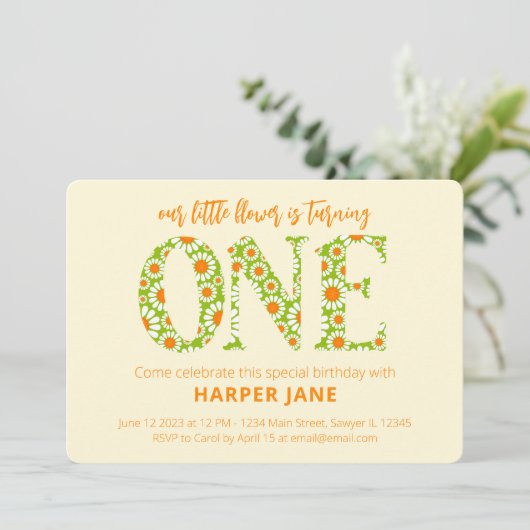 リトルフラワーキュートデイジーファースト誕生日 招待状 (スタンド正面)