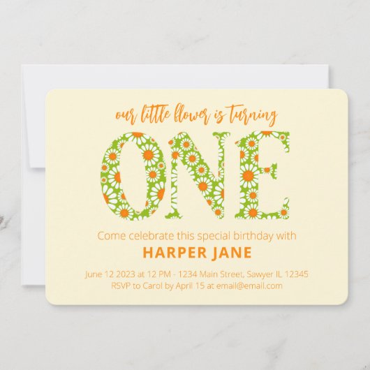 リトルフラワーキュートデイジーファースト誕生日 招待状 (正面)