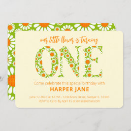 リトルフラワーキュートデイジーファースト誕生日 招待状