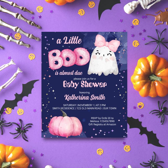 リトルブハロウィーンピンクの女の子の赤ちゃんシャワー招待状 (Little boo Halloween  pink cute girl ghost baby shower template invitation navy blue starry night)