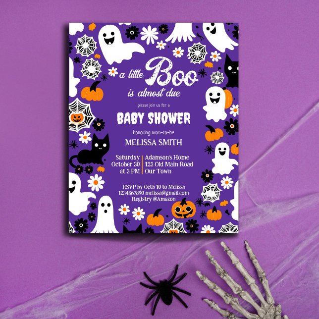 リトルブハロウィーンベイビーシャワーテンプレート招待状 (Halloween baby shower budget invitation cute ghosts groovy retro daisies pumpkins purple for a girl)