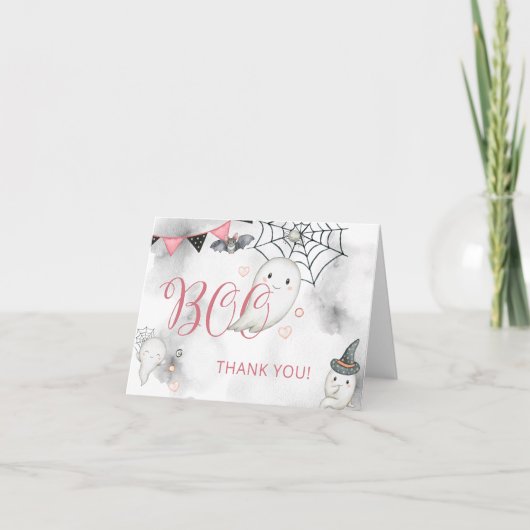 リトルブピンクハロウィーン幽霊ベビーシャワー サンキューカード (正面)