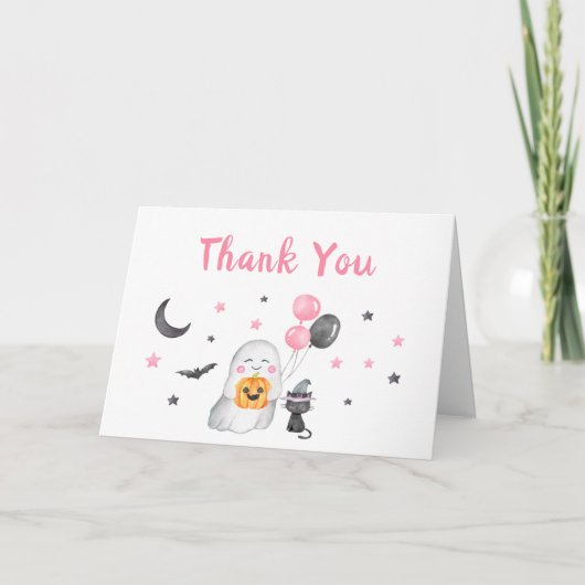 リトルブピンク幽霊ハロウィンベビーシャワー サンキューカード (正面)