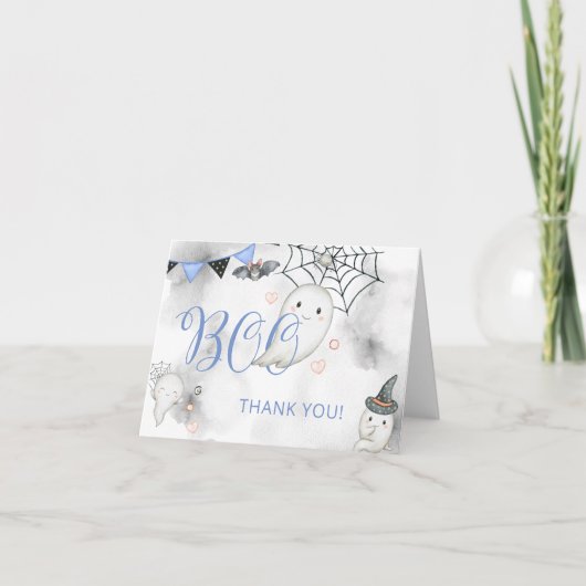 リトルブブルーハロウィーン幽霊ベビーシャワー サンキューカード (正面)