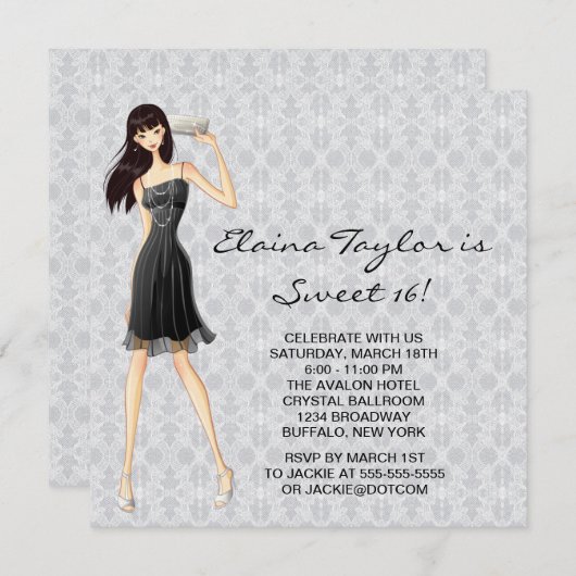 リトルブラックドレス白黒スウィート16パーティー 招待状 (正面/裏面)