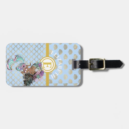 リトルブラックマーメイドブルーモノグラムはかりで測ガールズ ラゲッジタグ (正面横)