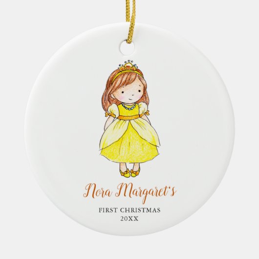 リトルブルネットガールベビー初めてのクリスマスプリンセス セラミックオーナメント (正面)