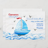 リトルブルーセーリングボート誕生日 招待状 (正面/裏面)