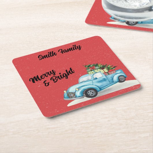 リトルブルートラッククリスマスツリー スクエアペーパーコースター (アングル)