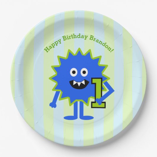 リトルブルーモンスターボーイかわいい1歳の誕生日紙 ペーパープレート (正面)
