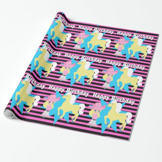 リトルブロンド女性のカーボーイウィズホースハッピーバースデー ラッピングペーパー (アンロールド)