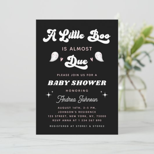 リトルブーレトログルーヴィタイポグラフィベビーシャワー 招待状 (スタンド正面)