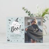 リトルブー幽霊ハロウィンブルー誕生日写真 招待状 (スタンド正面)