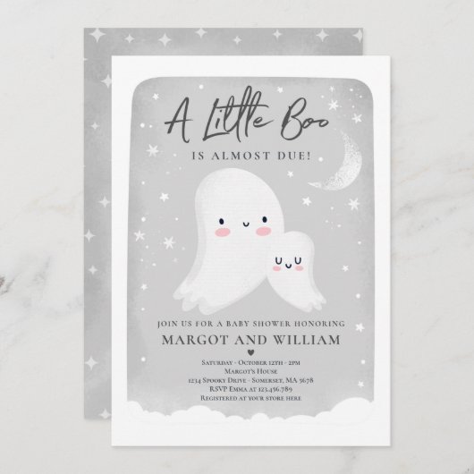 リトルブー男女兼用幽霊ベビーシャワー 招待状 (正面/裏面)