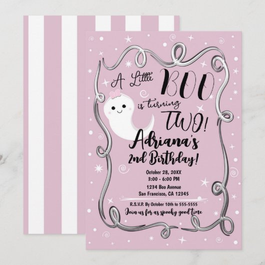 リトルブー　おたんじょうびおめでとう　２さい　ピンクのハロウィン　ゴースト 招待状 (正面/裏面)