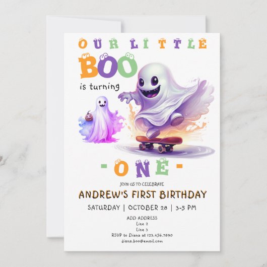 リトルブー ハロウィン ゴースト スケーター 誕生日パーティー どんな年齢でも 招待状 (正面)