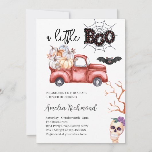 リトルブー 赤いカボチャのピックアップトラック ベビーシャワー 招待状 (正面)