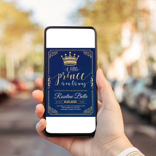 リトルプリンスクラウン海軍と金ゴールド少年の赤ちゃんシャワー 招待状
