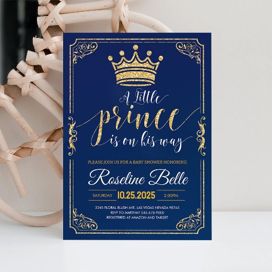 リトルプリンスクラウン海軍と金ゴールド少年の赤ちゃんシャワー 招待状