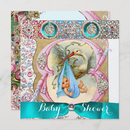 リトルプリンスコウノトリ赤ちゃんシャワー、フローラ宝石 招待状 (正面/裏面)