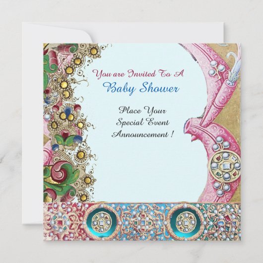 リトルプリンスコウノトリ赤ちゃんシャワー、フローラ宝石 招待状 (裏面)