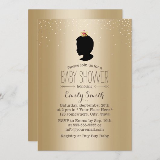 リトルプリンスシルエット金ゴールドメタリックベビーシャワー 招待状 (正面/裏面)