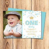 リトルプリンスファースト誕生日ブルー金ゴールド写真 招待状