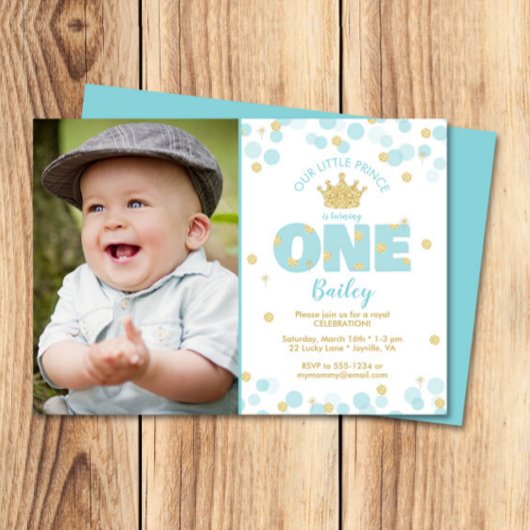リトルプリンスファースト誕生日ブルー金ゴールド写真 招待状