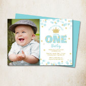 リトルプリンスファースト誕生日ブルー金ゴールド写真 招待状