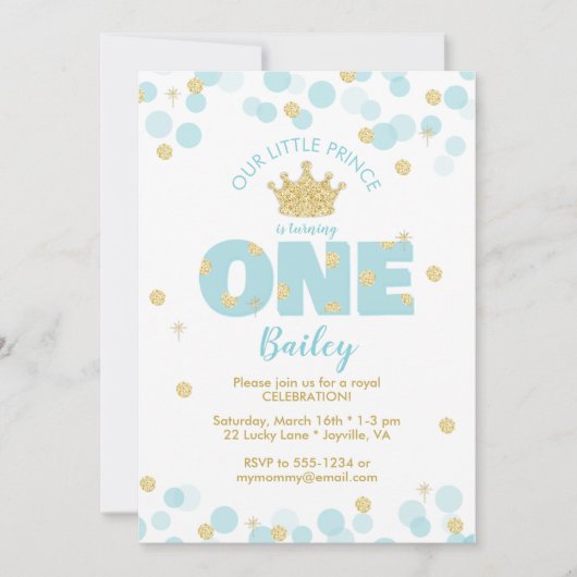 リトルプリンスファースト誕生日ブルー金ゴールド 招待状 (正面)