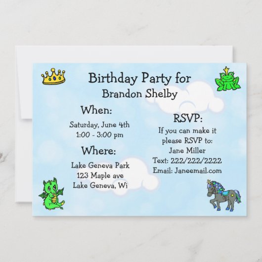 リトルプリンスフェアリー物語誕生日パーティー 招待状 (裏面)