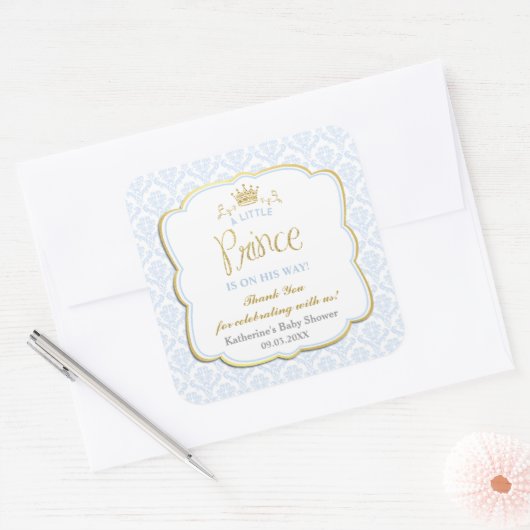リトルプリンスブルーダマスク金ゴールドクラウンベビーシャワー スクエアシール (封筒)