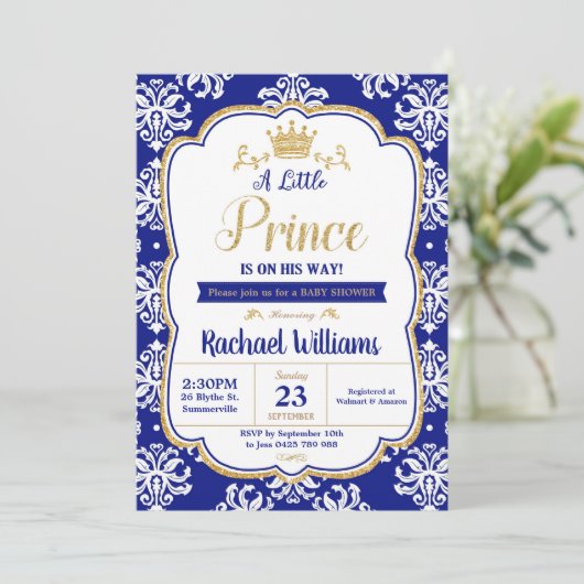 リトルプリンスベビシャワーブルー王室のダマスクボーイ 招待状 (スタンド正面)