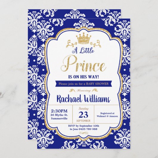 リトルプリンスベビシャワーブルー王室のダマスクボーイ 招待状 (正面/裏面)