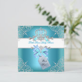 リトルプリンスベビーシャワーボーイティール（緑がかった色）ブルークラウン6 招待状 (スタンド正面)