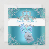 リトルプリンスベビーシャワーボーイティール（緑がかった色）ブルークラウン6 招待状 (正面)