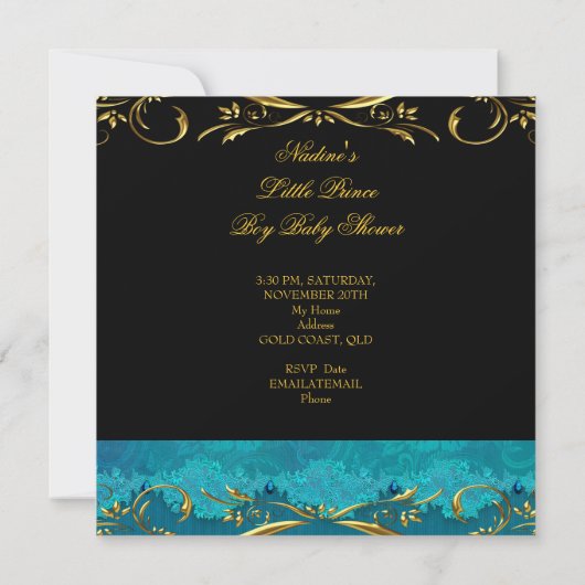 リトルプリンスベビーシャワーボーイリーガルティール(緑がかった色)クラウン 招待状 (裏面)