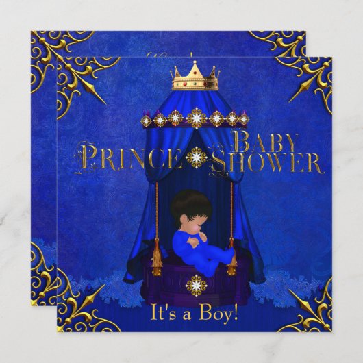 リトルプリンスベビーシャワーボーイ王室のブルークラウン 招待状 (正面/裏面)