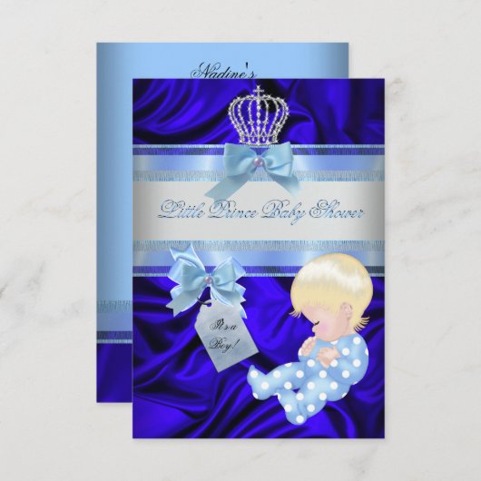 リトルプリンスベビーシャワーボーイ王室のブルーブロンド 招待状 (正面/裏面)