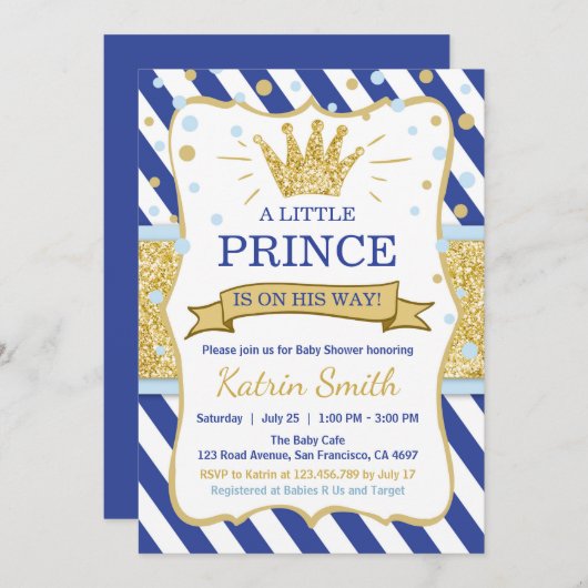 リトルプリンスベビーシャワー招待状王室のブルー金ゴールド 招待状 (正面/裏面)