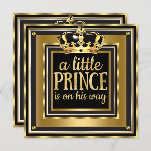 リトルプリンスベビーシャワー金ゴールドホイルフェイクブラック 招待状 (正面/裏面)