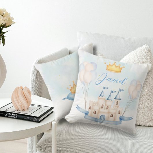 リトルプリンス金ゴールドクラウンウォーターカラーキャッスルブルー クッション