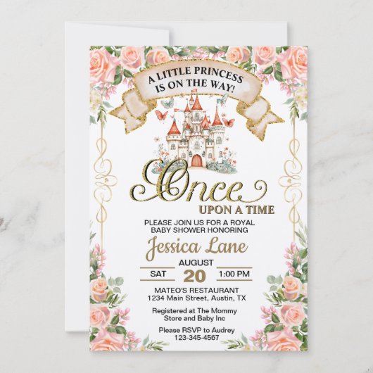 リトルプリンセスおとぎ話の城ガールベイビーシャワー 招待状 (正面)