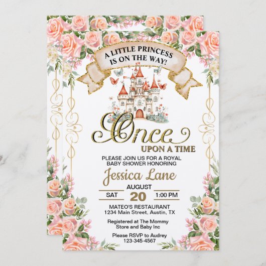 リトルプリンセスおとぎ話の城ガールベイビーシャワー 招待状 (正面/裏面)