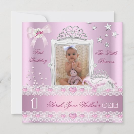 リトルプリンセスの最初の誕生日パーティーの写真 招待状 (正面)